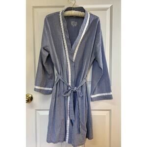 EILEEN WEST BLUE WHITE Gingham CHECK Lightweight SHORT Womens M WRAP ROBE
